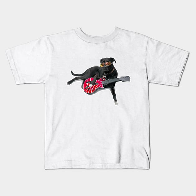 Tucker Rocks - Dog Playing Guitar Kids T-Shirt by Sue Finch Photography and Design LLC